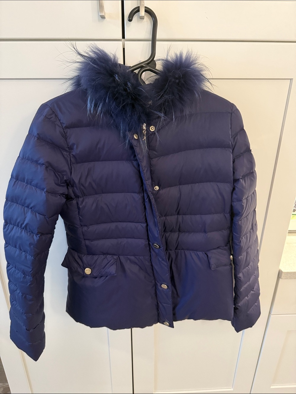Navy Quilted Puff Jacket with Fur Trim